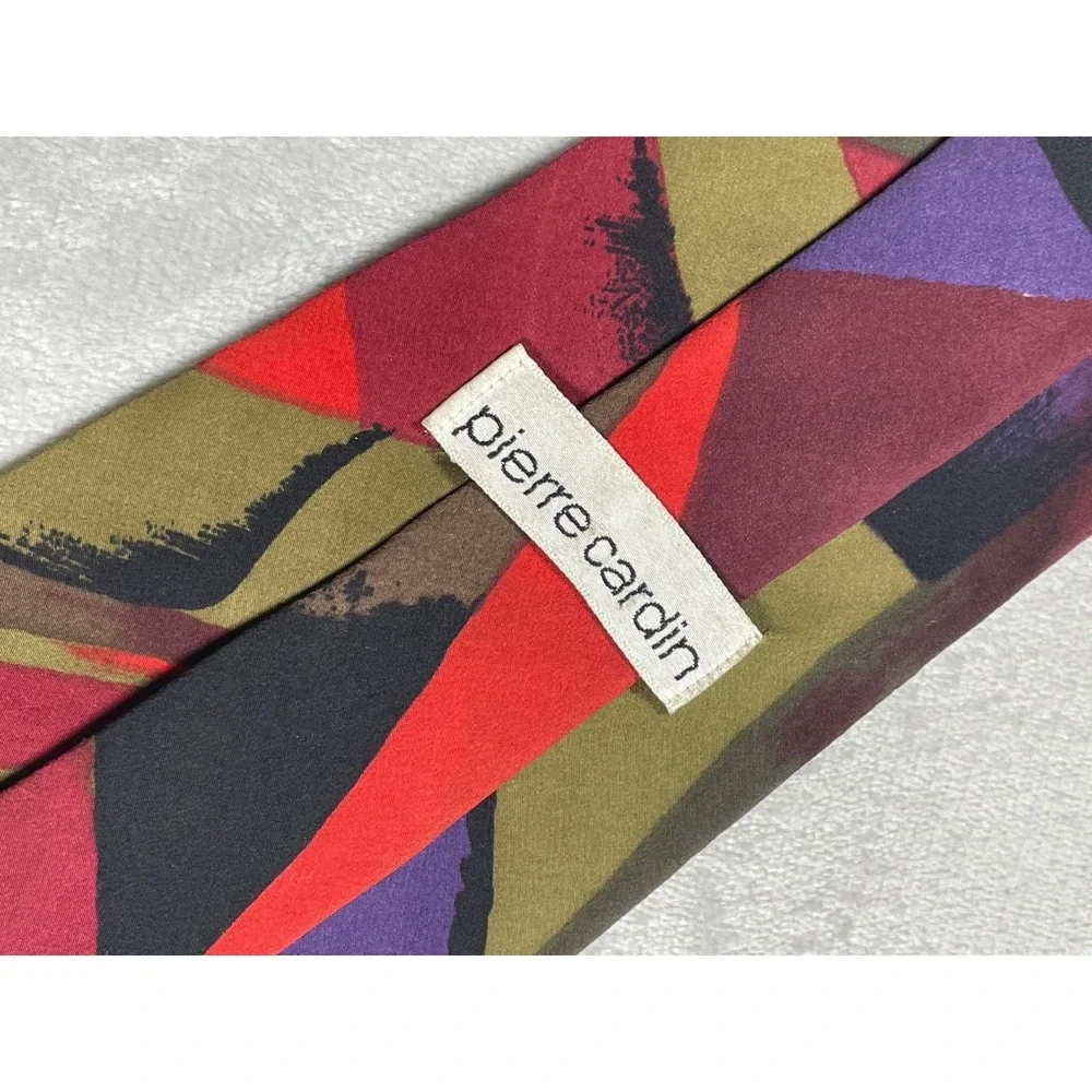 Vintage Pierre Cardin Tie Men's One Size Red Olive Abstract Geometric Silk USA